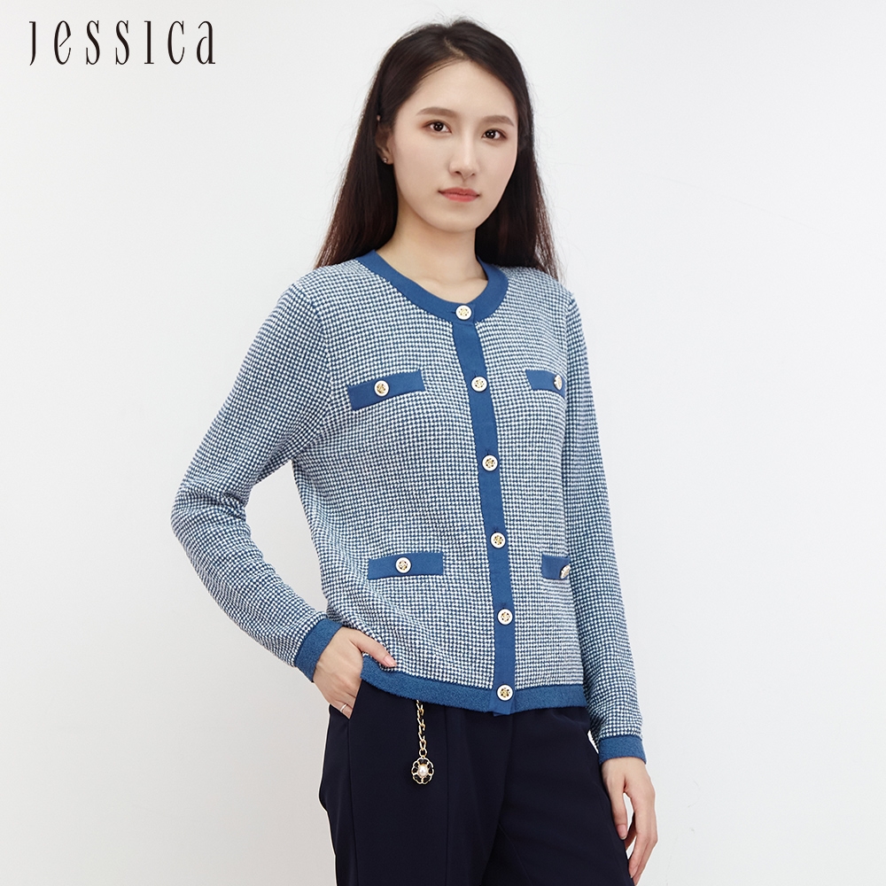 JESSICA - 法式優雅精緻小香風針織開衫外套J30429（藍）