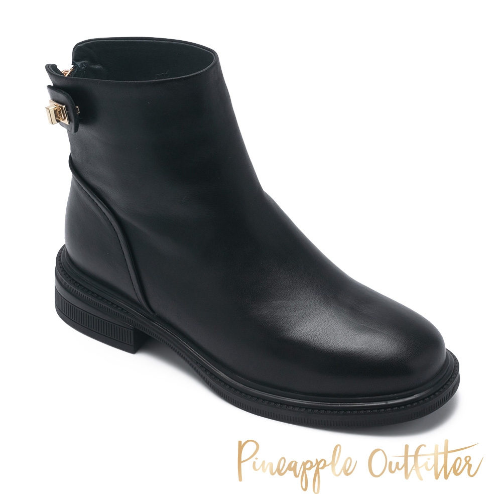 Pineapple Outfitter-BAZYLI 金屬釦真皮拉鍊低跟短靴-黑色