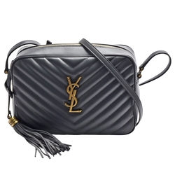 YSL 經典金屬品牌LOGO小牛皮流蘇斜背相機包(灰色)