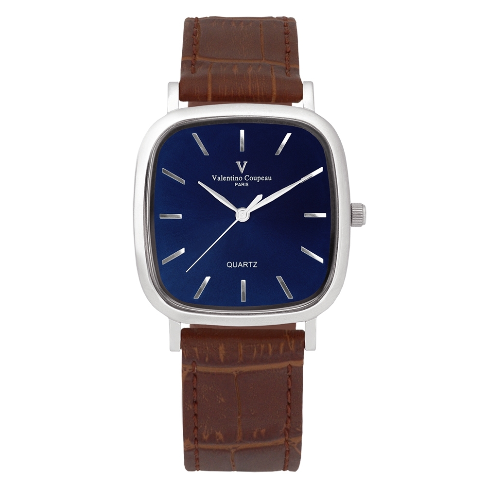 Valentino Coupeau 范倫鐵諾 古柏 經典方型腕錶35mm(銀殼/藍面/咖帶)