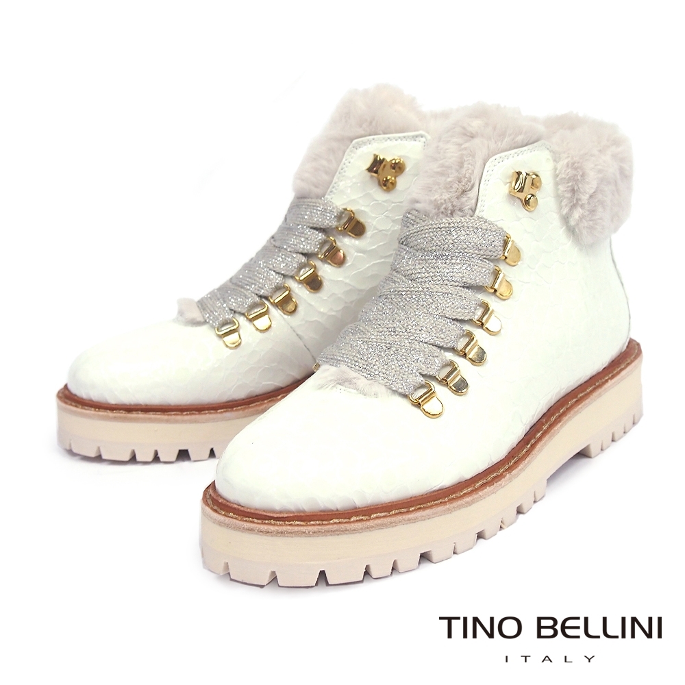 Tino Bellini葡萄牙進口毛領綁帶厚底短靴_白
