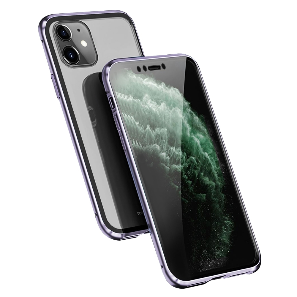 iPhone 11 金屬 透明 全包覆 磁吸雙面玻璃殼 手機殼 紫色 (iPhone11手機殼 iPhone11保護殼 )