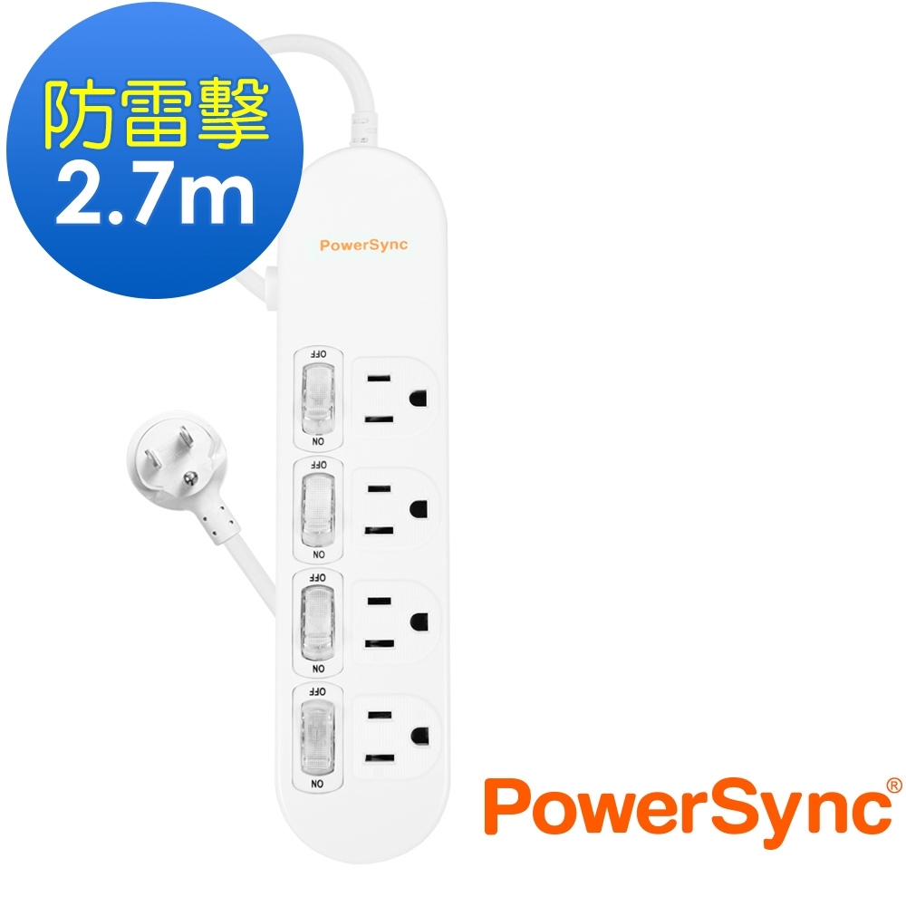 PowerSync 群加 防雷擊4開4插3孔加大距離延長線2.7米PWS-EEA4427