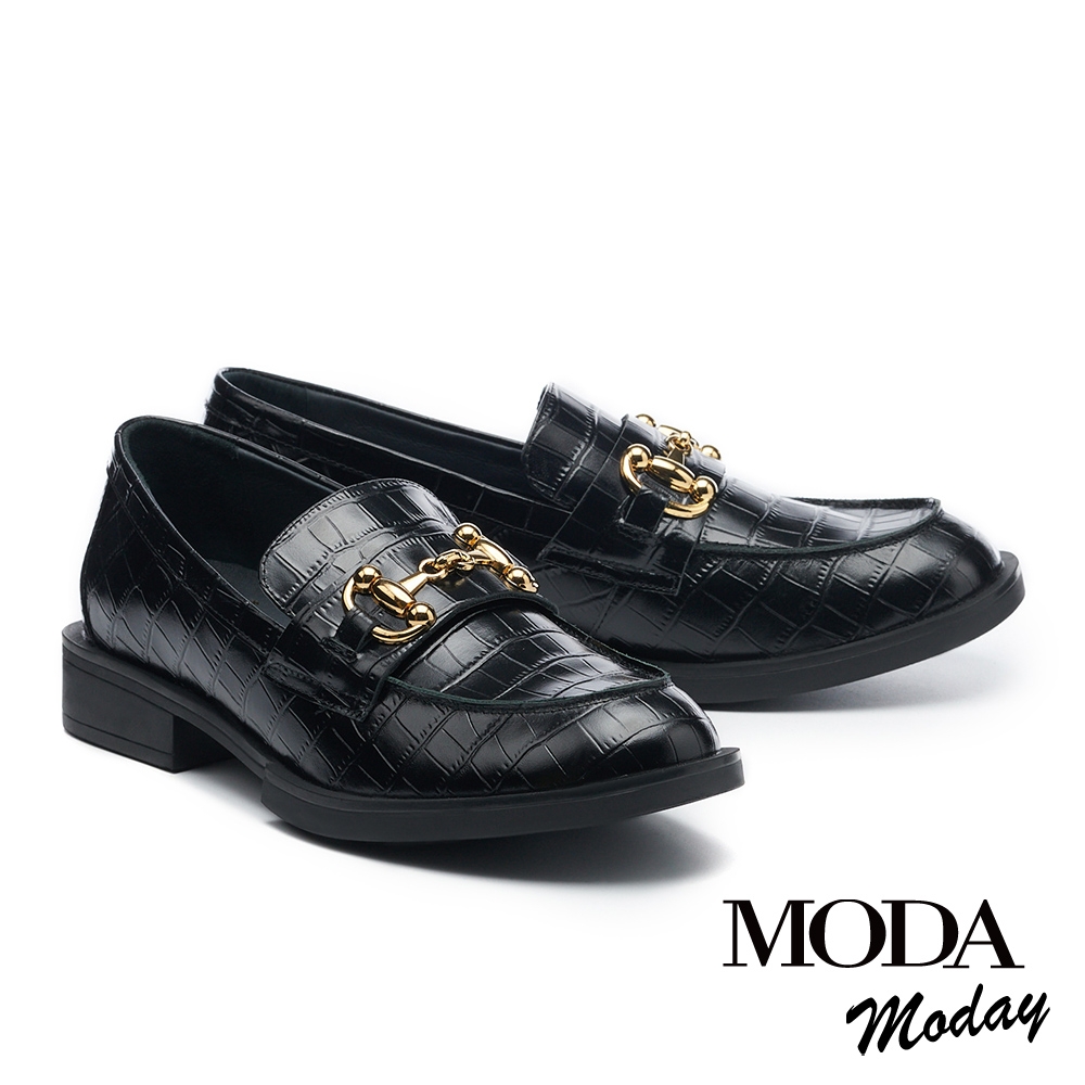 低跟鞋  MODA MODAY 知性美學壓紋牛皮樂福低跟鞋－黑