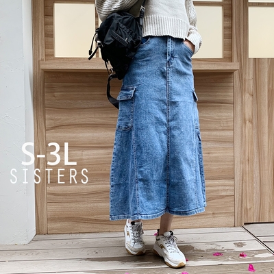 SISTERS 帥氣小姊姊顯瘦工裝口袋牛仔裙 長裙/S-3L