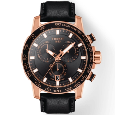 TISSOT 天梭 Supersport 三眼黑金計時腕表-45.5mm