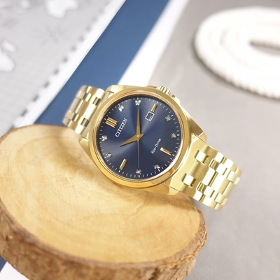 CITIZEN / 光動能 藍寶石水晶玻璃 晶鑽 防水100米 不鏽鋼手錶-藍x鍍金/41mm
