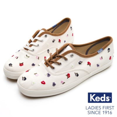 Keds CHAMPION 刺繡小碎花綁帶休閒鞋-米