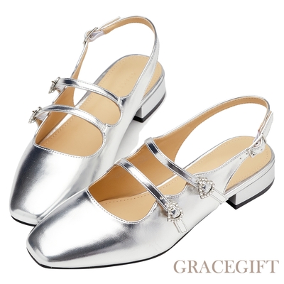 【Grace Gift】方頭雙帶愛心鑽瑪莉珍後空中跟鞋 銀
