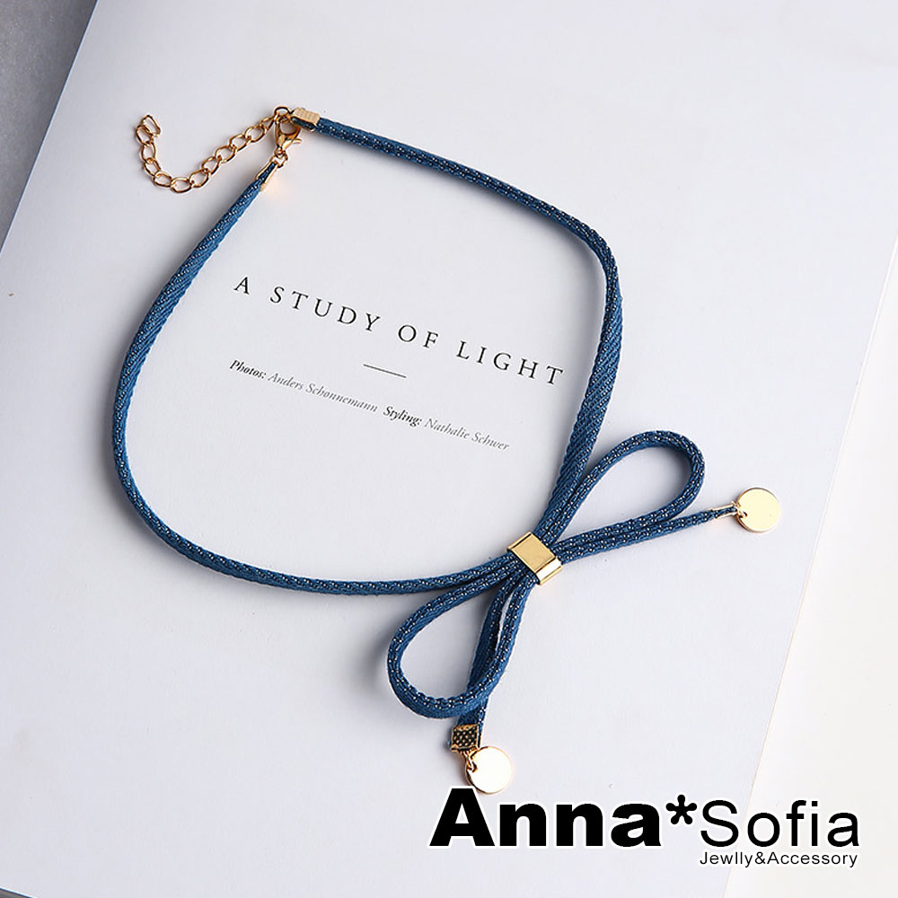 AnnaSofia 單寧牛仔蝶結 單層項鍊鎖骨鍊頸鍊CHOKER(藍系)