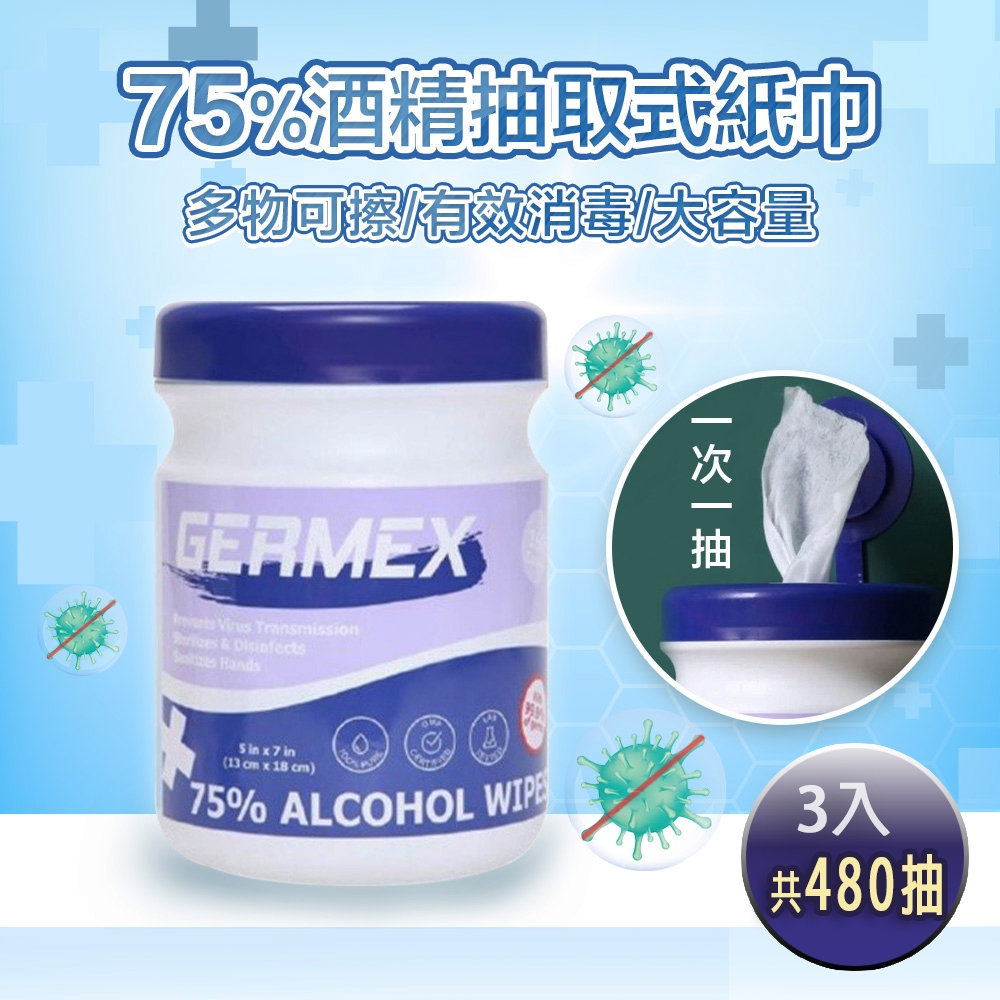 防疫好幫手) GERMEX 75%酒精加厚抽取式濕紙巾160抽x3桶(時時樂限定