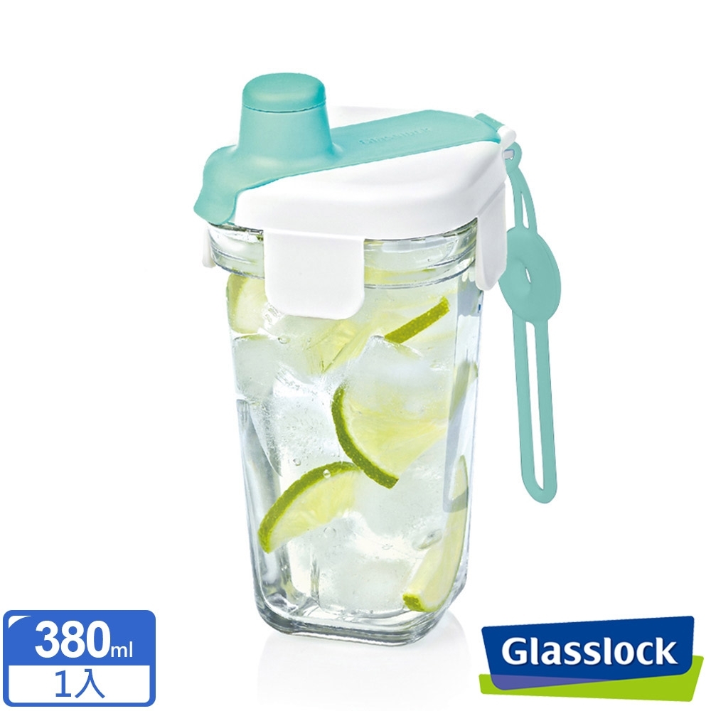 新品上市! Glasslock 強化玻璃方形隨行杯380ml-湖水綠