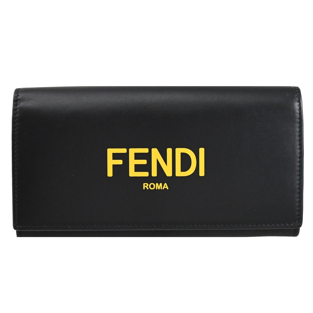 FENDI 經典文字牛皮翻蓋多卡長夾(黑/黃)