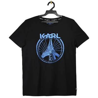 KARL LAGERFELD 卡爾立體字樣巴黎鐵塔亮面棉質短T(黑)