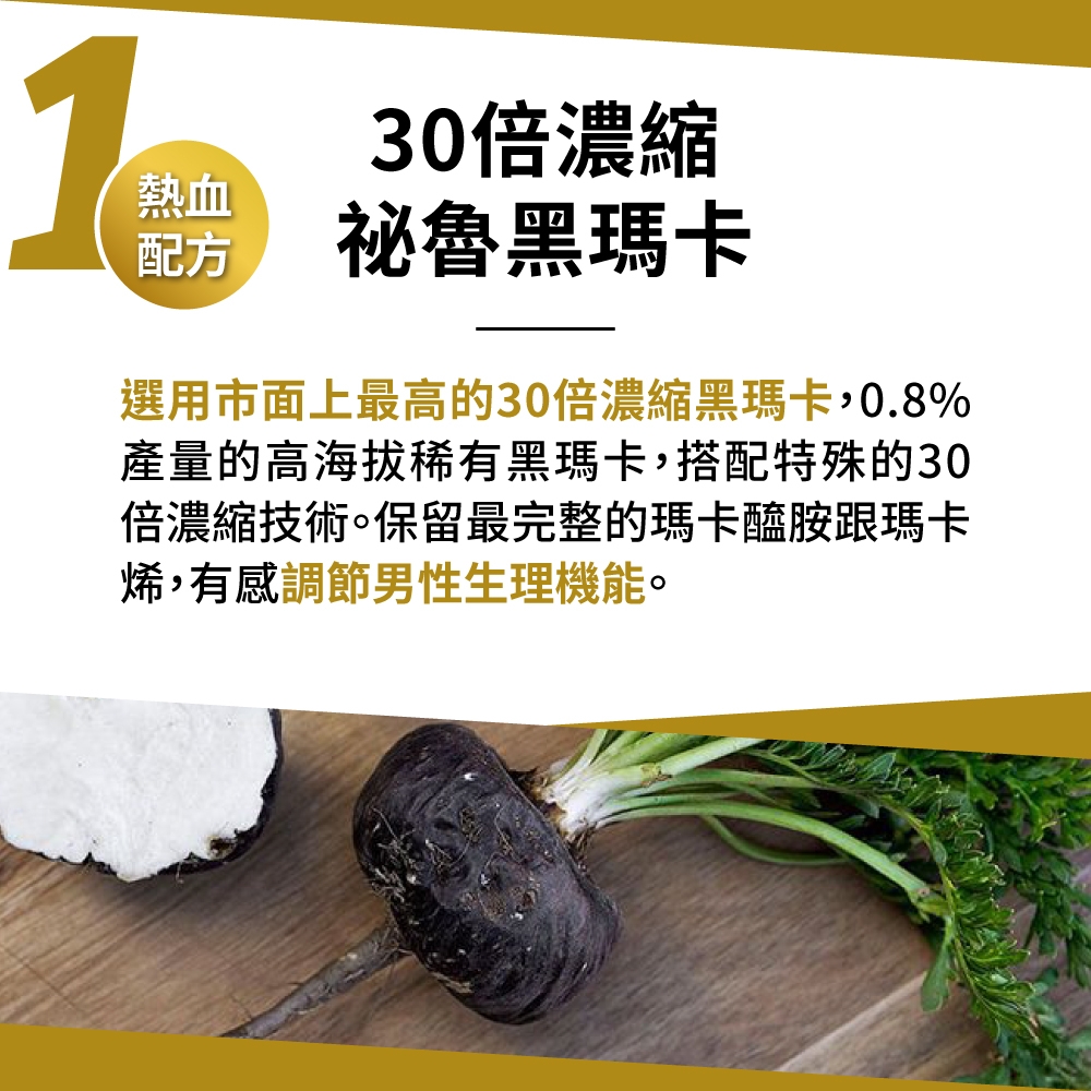 1熱血30倍濃縮 祕魯黑瑪卡配方選用市面上最高的30倍濃縮黑瑪卡,0.8%產量的高海拔稀有黑瑪卡,搭配特殊的30倍濃縮技術。保留最完整的瑪卡醯胺跟瑪卡烯,有感調節男性生理機能。