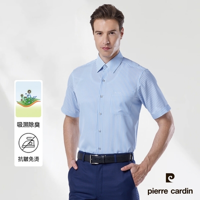 pierre cardin 皮爾卡登 男襯衫 吸排除臭免燙抗皺條紋短袖襯衫_白底藍條(62257-32)