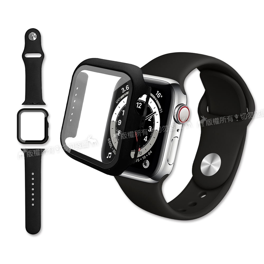 全包覆 Apple Watch Series SE/6/5/4 (40mm) 9H鋼化玻璃貼+錶殼+環保矽膠錶帶(黑)