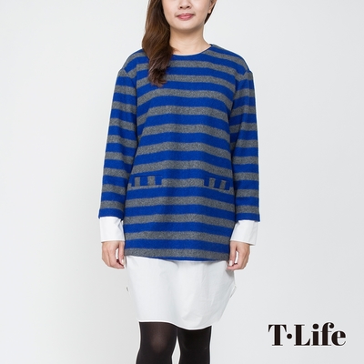 T.Life 漫步日常條紋拼接假兩件式洋裝(2色)