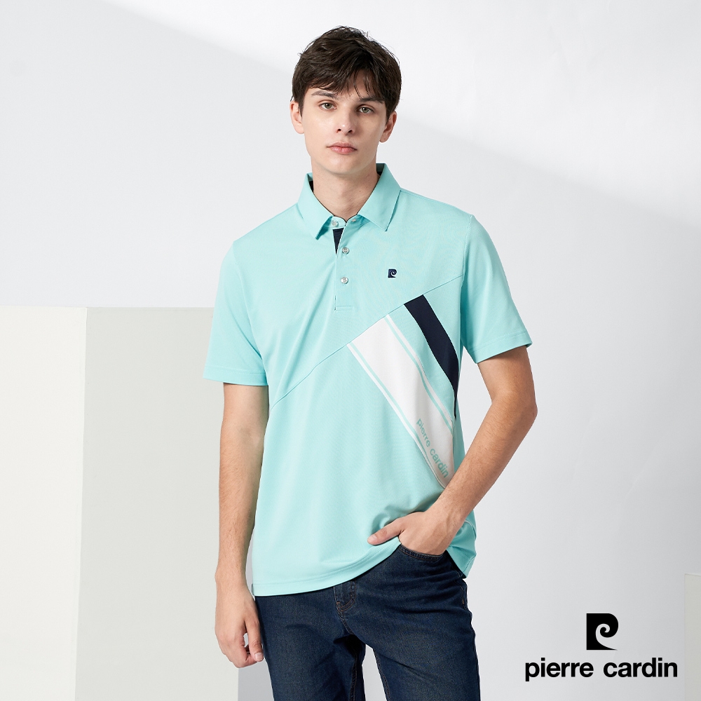 Pierre Cardin皮爾卡登 男款 吸濕排汗定位剪接配色短袖polo衫- 水藍色(3217203-35)
