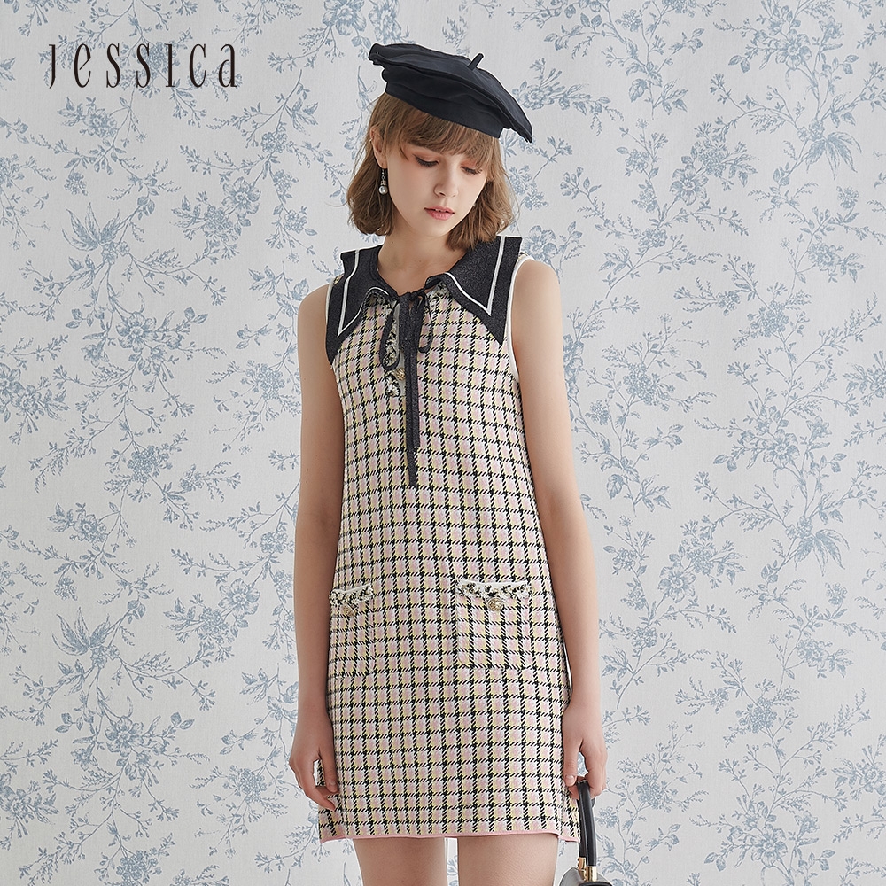 JESSICA - 復古優雅撞色小翻領千鳥格無袖針織洋裝