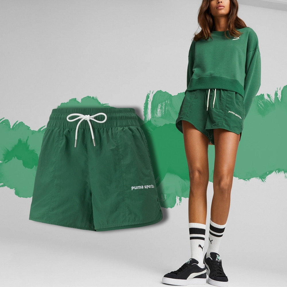 Puma 短褲 Team Shorts 女款 草地綠 白 防潑水 鬆緊 抽繩 運動褲 53900537