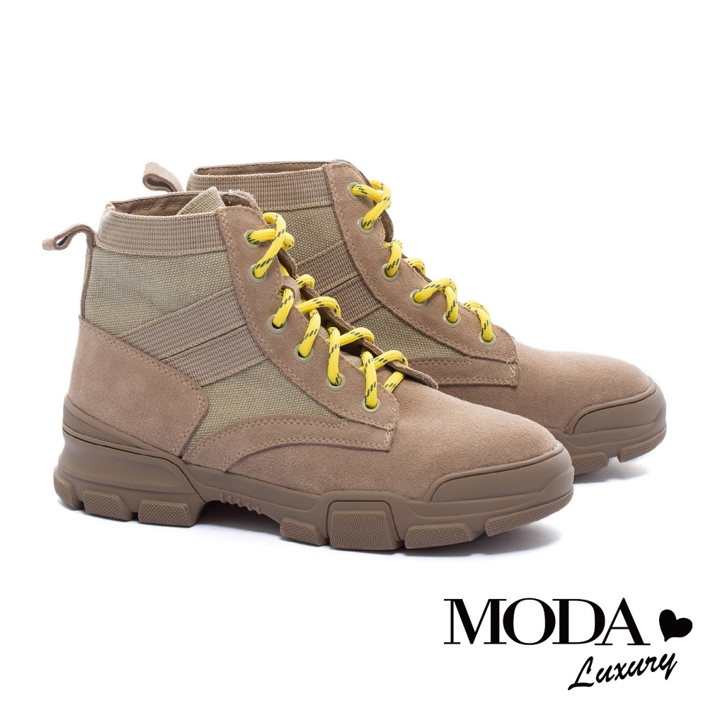 短靴 MODA Luxury 個性工裝登山風牛麂皮拼接短靴－米