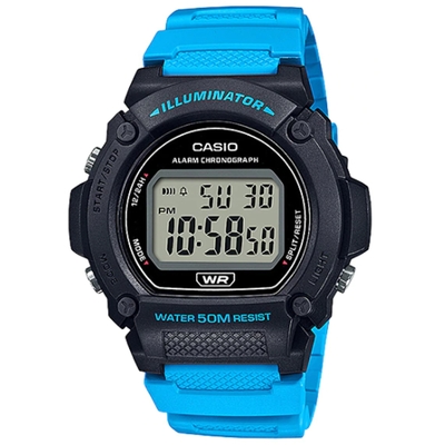 CASIO 復古風造型經典色圓形數位休閒錶-藍X黑(W-219H-2A2)/47mm