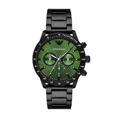 EMPORIO ARMANI 紳士典藏三眼腕錶-黑X綠-AR11472-43mm
