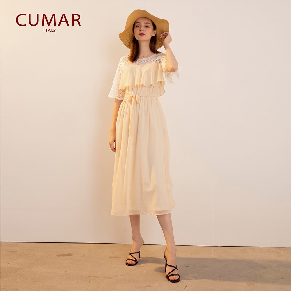【CUMAR】蕾絲拼接荷葉長版女短袖-洋裝(二色)