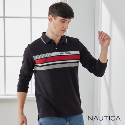 Nautica 男裝 撞色條紋長袖POLO衫-黑