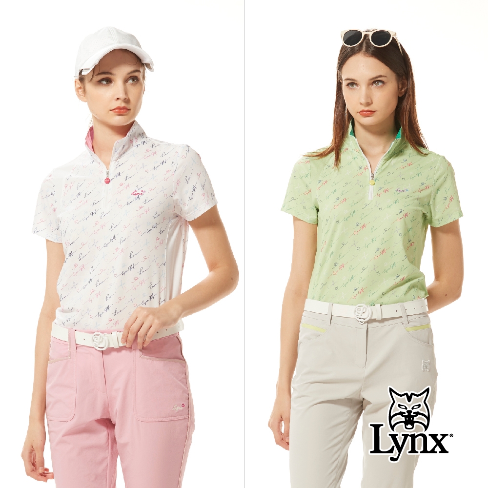 【Lynx Golf】女款銀離子抗菌除臭Lynx Golf草寫印花特殊剪裁配布造型短袖立領POLO衫/高爾夫球衫(二色)