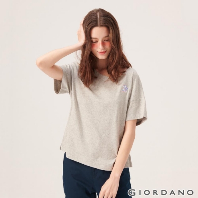 GIORDANO 女裝純棉動物刺繡寬版落肩T恤-03 中花灰