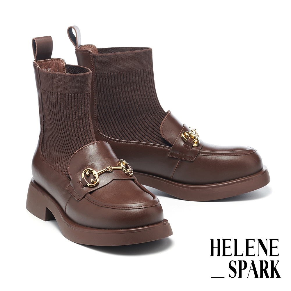 短靴 HELENE_SPARK 復古時髦馬銜釦異材質拼接厚底短靴－咖