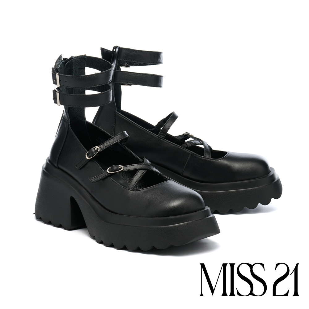 厚底鞋 MISS 21 未來暗黑交叉軟牛皮踝帶瑪莉珍高跟大頭厚底鞋－黑