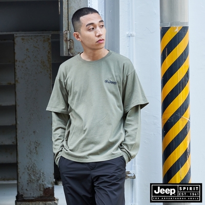 JEEP 男裝 潮流LOGO印花假兩件長袖T恤-軍綠色