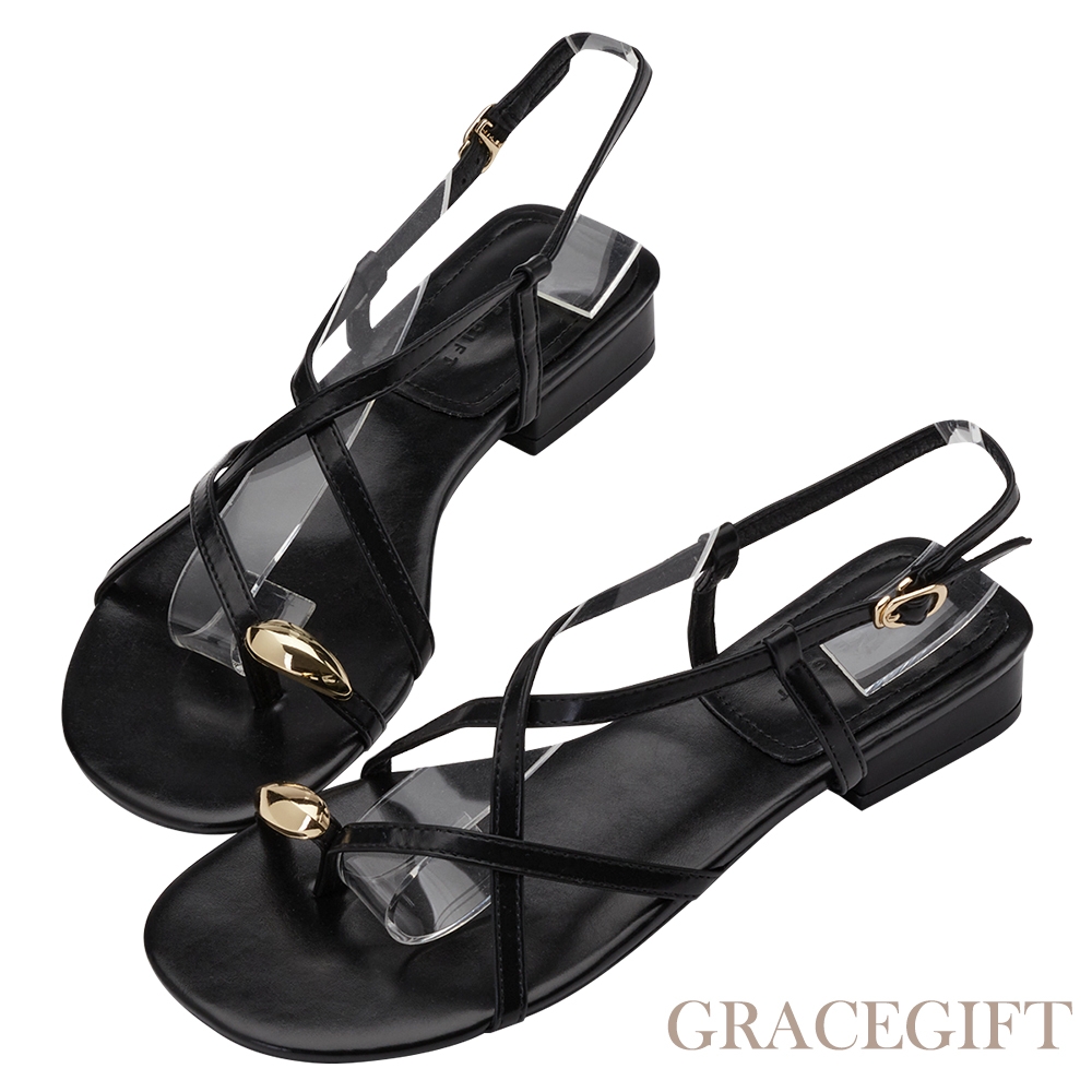 【Grace Gift】交叉細帶低跟涼鞋  黑