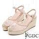 GDC-蕾絲甜心水鑽簍空草編春夏楔型厚底涼鞋-粉色 product thumbnail 1