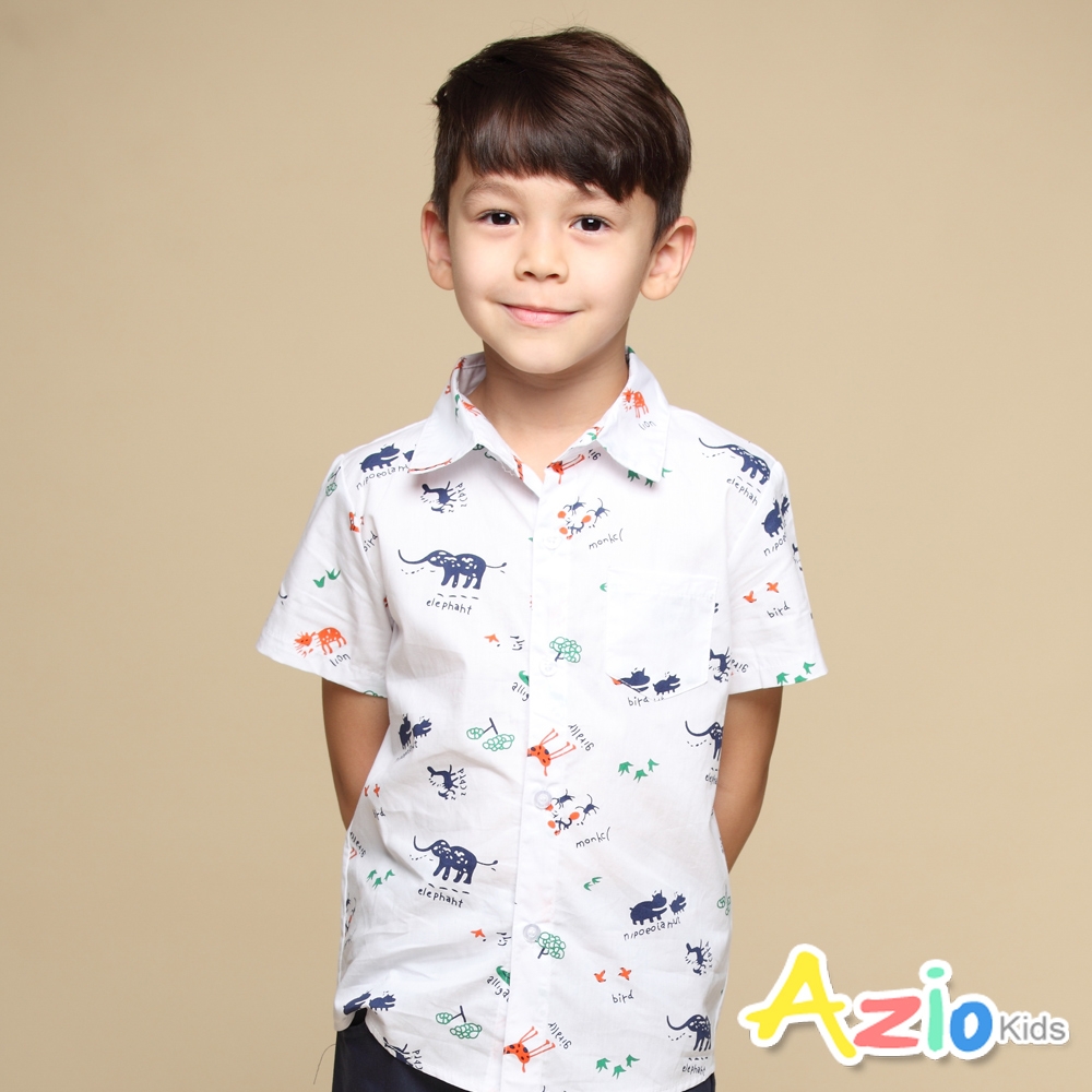Azio Kids美國派 男童   上衣 滿版動物印花單口袋短袖襯衫(白)