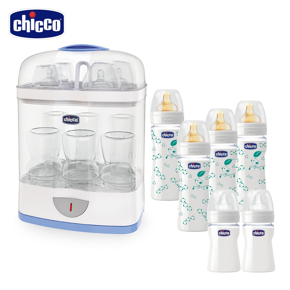 chicco-2合1電子蒸氣消毒鍋+自然率性乳膠玻璃奶瓶4大2小特惠組