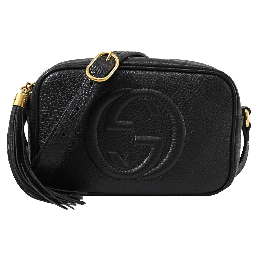 GUCCI SOHO DISCO BAG 經典浮雕LOGO小牛皮肩斜背拉鍊相機包(黑)