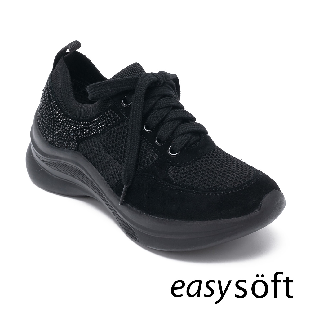 Easy-Spirit-CARAF 織布亮鑽拼接綁帶休閒鞋-黑色