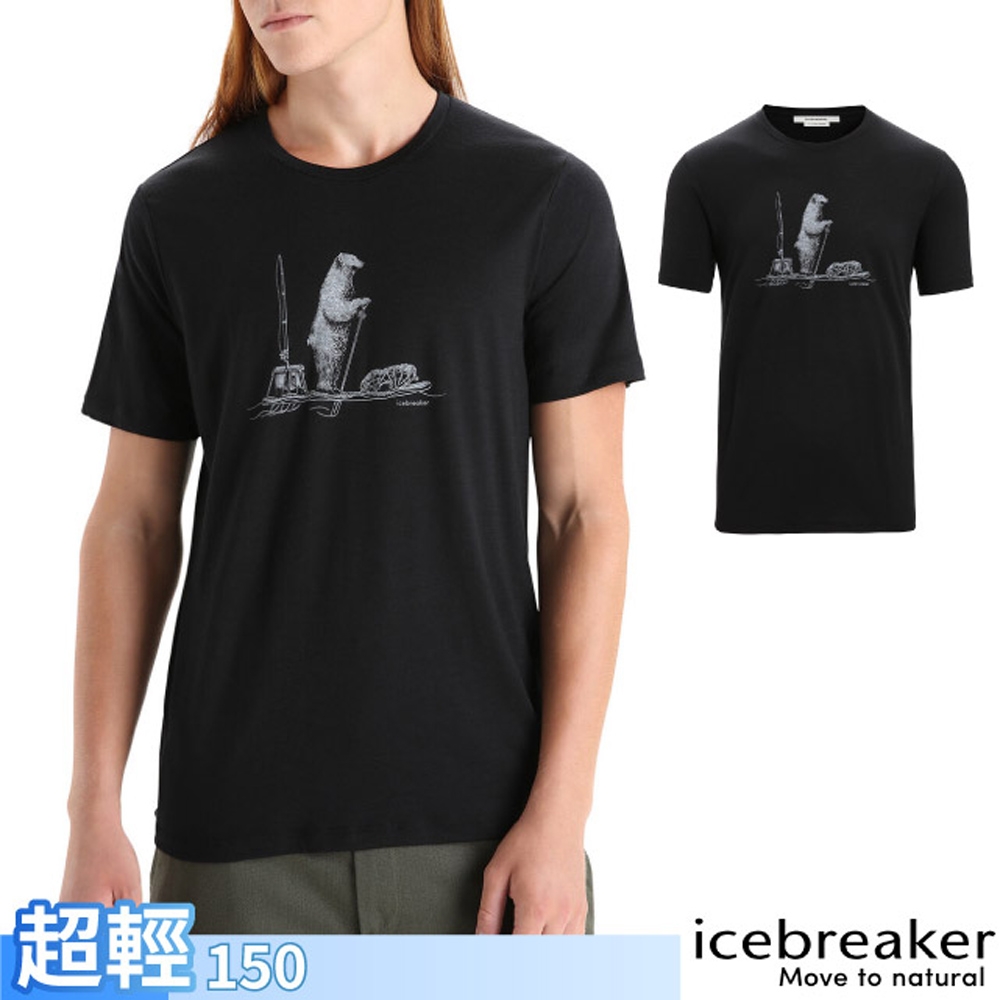 Icebreaker 男 100%美麗諾羊毛 Tech Lite II 圓領短袖上衣(熊熊划槳).T恤_黑