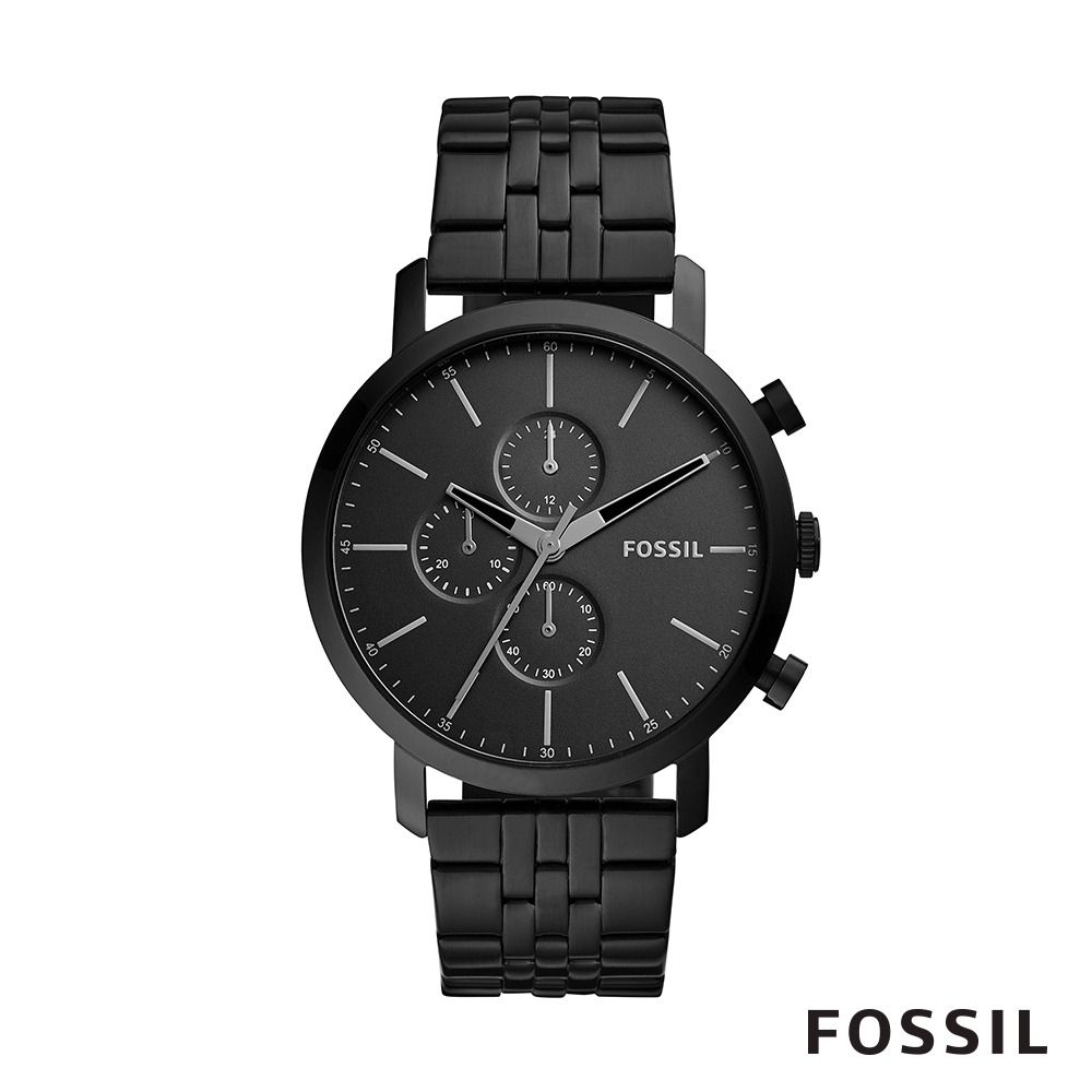 FOSSIL 44MM LUTHE 時尚簡約三眼鋼帶男錶-黑色