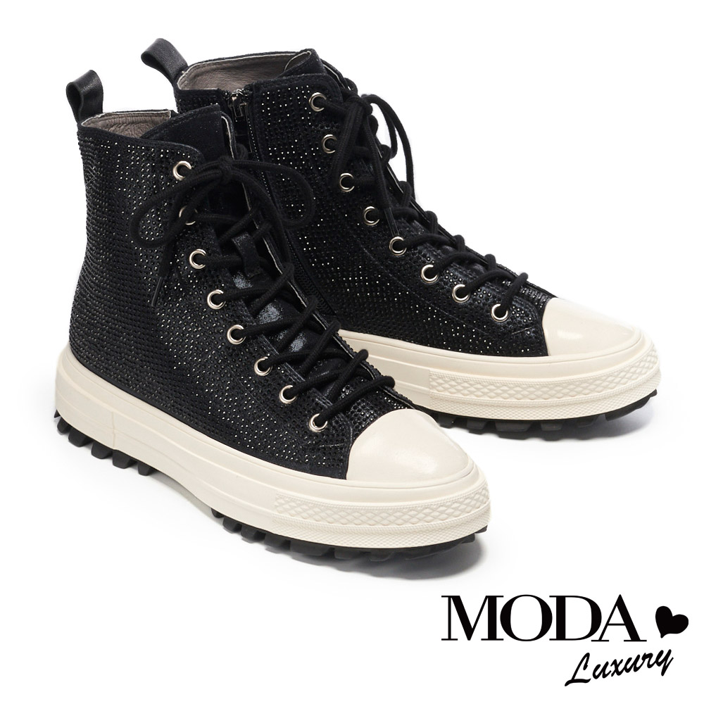 休閒鞋 MODA Luxury 極奢華水鑽側拉鍊設計綁帶厚底高筒休閒鞋－黑