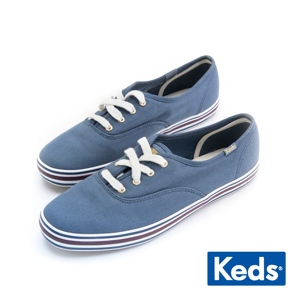 Keds CHAMPION 洗舊復古橫紋休閒鞋-藍 9223W113439