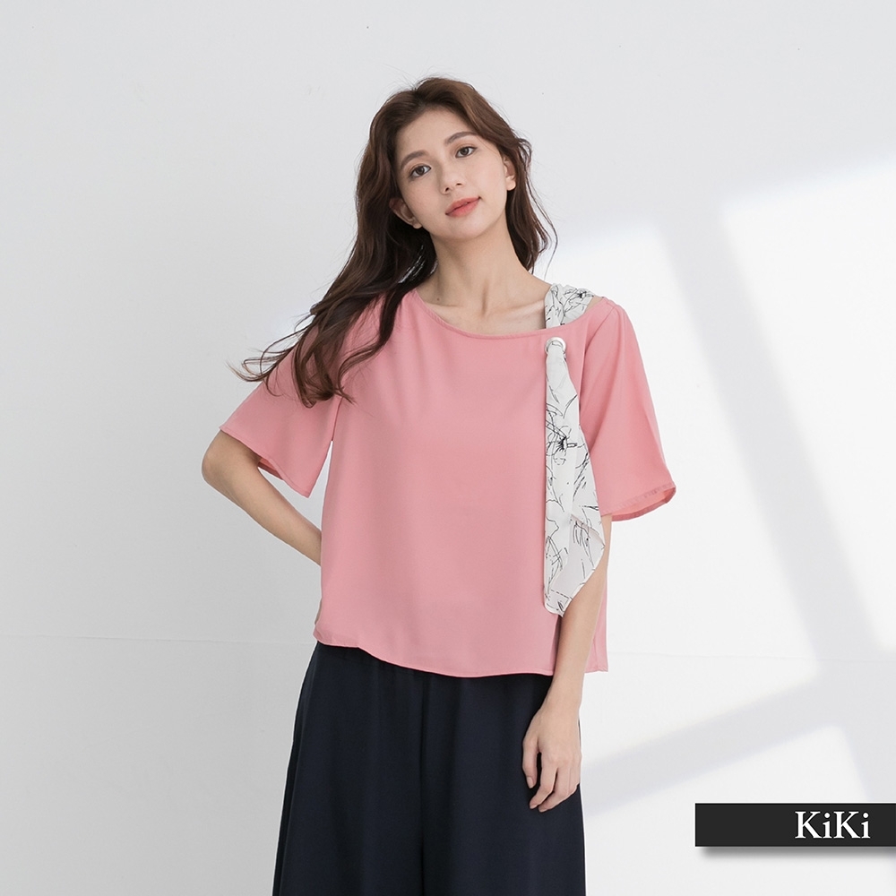 【KiKi】氣質絲巾搭配設計-女短袖襯衫(二色/版型寬鬆)