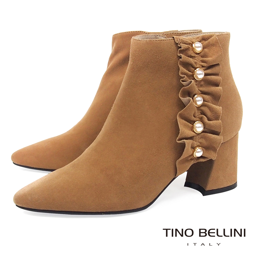 Tino Bellini浪漫抓摺鑲珍珠全真皮高跟短靴_駝