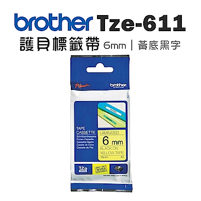 Brother TZe-611 護貝標籤帶 (6mm黃底黑字)