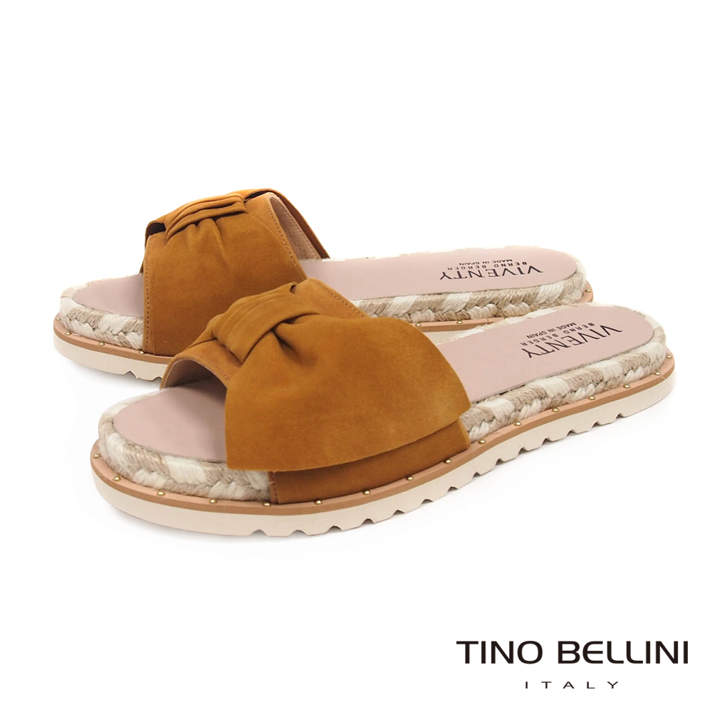 Tino Bellini 西班牙進口蝴蝶紐結雙色麻編厚底涼拖鞋 _ 淺棕
