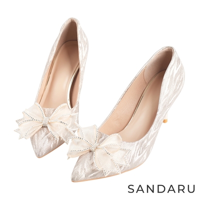 山打努SANDARU-跟鞋 蕾絲造型蝶結珠光高跟包鞋-金